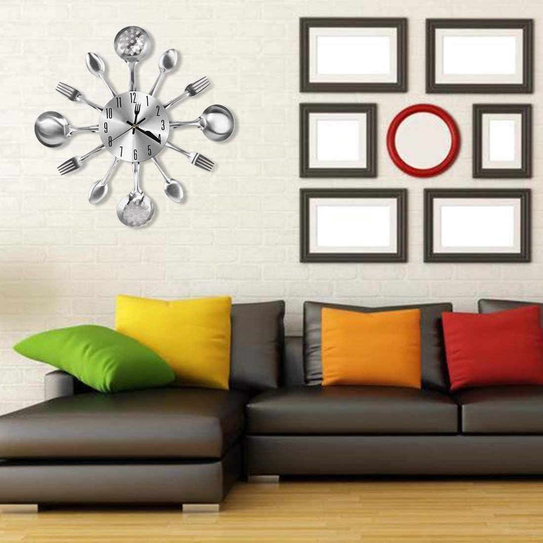 Metal Kitchen Cutlery Wall Clock 14 Inch with Fork Spoon 3D Non Ticking Quartz Watch Clock for Bedroom Home Decor,Silver