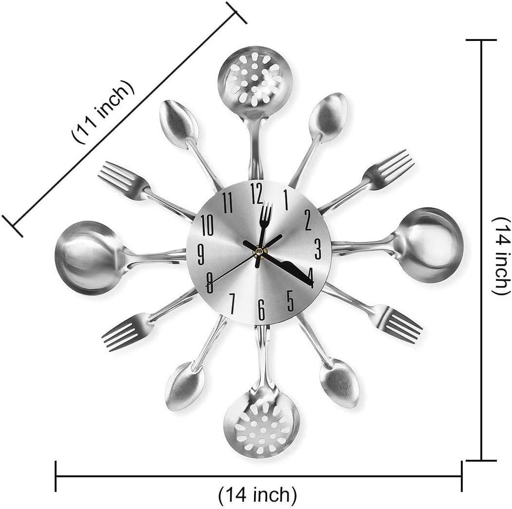 Metal Kitchen Cutlery Wall Clock 14 Inch with Fork Spoon 3D Non Ticking Quartz Watch Clock for Bedroom Home Decor,Silver