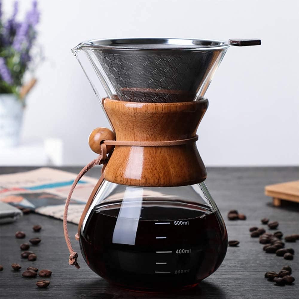 Pour Over Coffee Maker,Reusable Glass Coffee Pot Manual Dripper Brewer Hand Drip with Stainless Steel Filter for Home Travel (14 oz/400 ml)