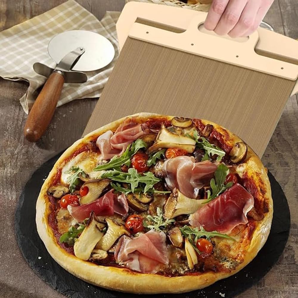 Pizza Smart Slide Magic Pizza Pizza Slide, Pizza Paddle with Handle - Sliding Pizza Shovel Slide, Detachable for Easy Pizza Transfer, Brown