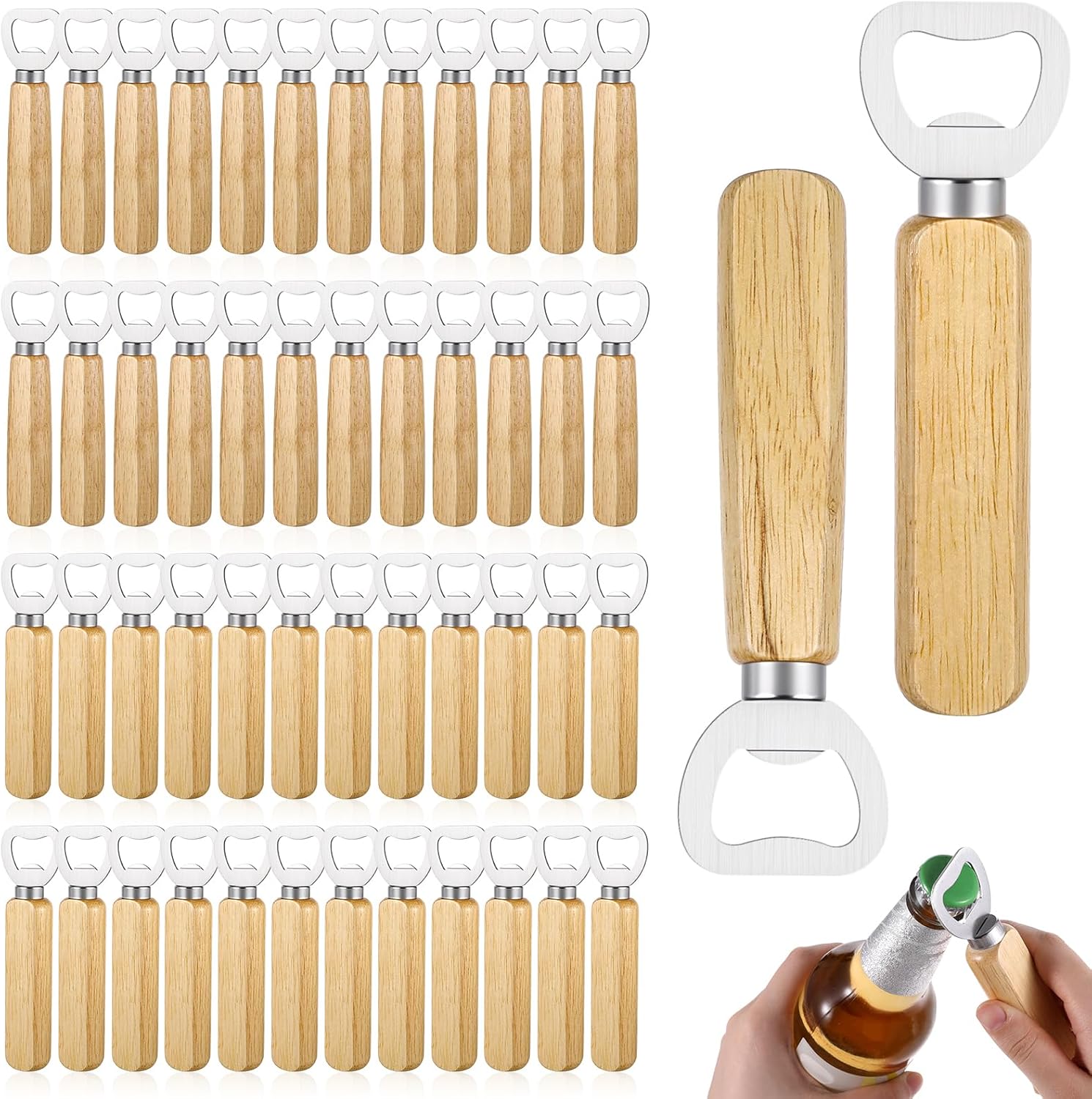 50 PCS Stainless Bottle Opener Bulk Wooden Beer Opener Set, Wood Handheld Heavy Duty Bottle Openers for Bartender Wedding Party Home Kitchen KTV Bar Restaurant