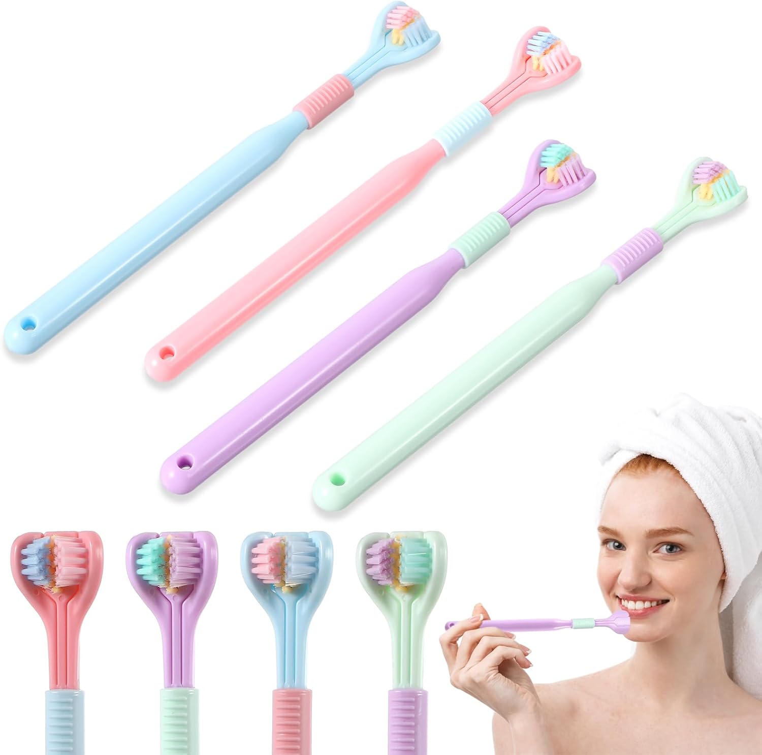 4Pcs 3 Sided Toothbrush Adult, Colorful Three Sided Toothbrush Set with Soft Bristle, Triple Head Toothbrush for Deep Cleaning, Multi-Angle Toothbrushes for Adults Teeth Gum Care