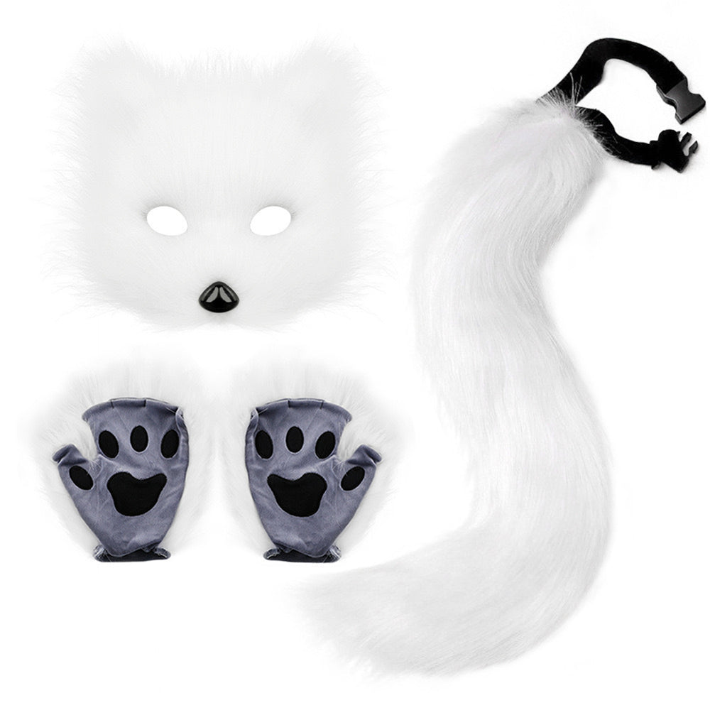 Therian Paws Fur Mask and Tail Set White Halloween Cat Costume Party