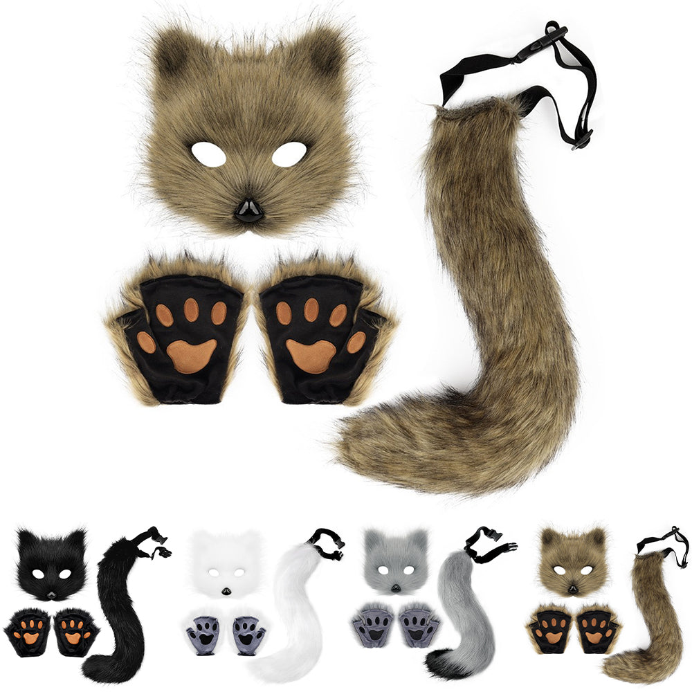 Therian Paws Fur Mask and Tail Set White Halloween Cat Costume Party