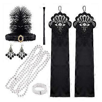 1920s Flapper Accessories Set with Headband Pearl Necklace Bracelet Earrings Gloves