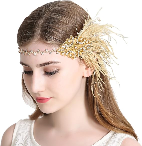 Vintage Feather Flapper Headband 1920s Art Deco Sparkly Hairband Headpiece