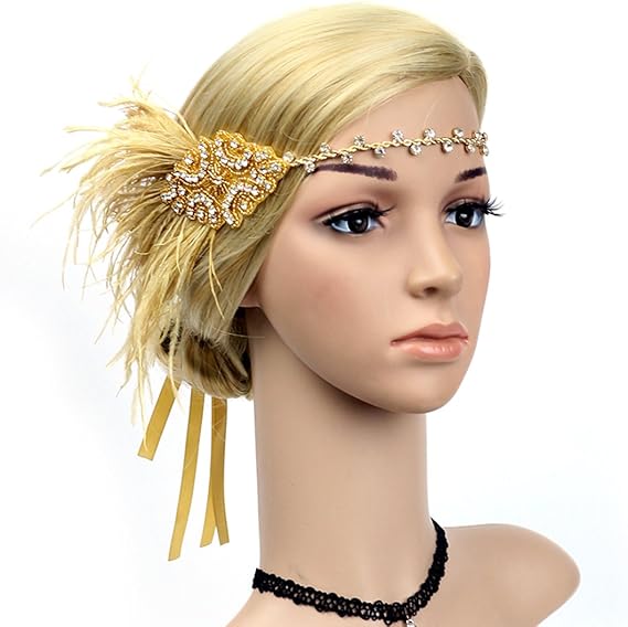 Vintage Feather Flapper Headband 1920s Art Deco Sparkly Hairband Headpiece