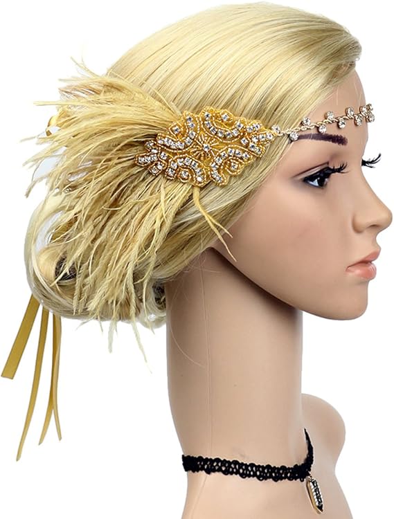 Vintage Feather Flapper Headband 1920s Art Deco Sparkly Hairband Headpiece