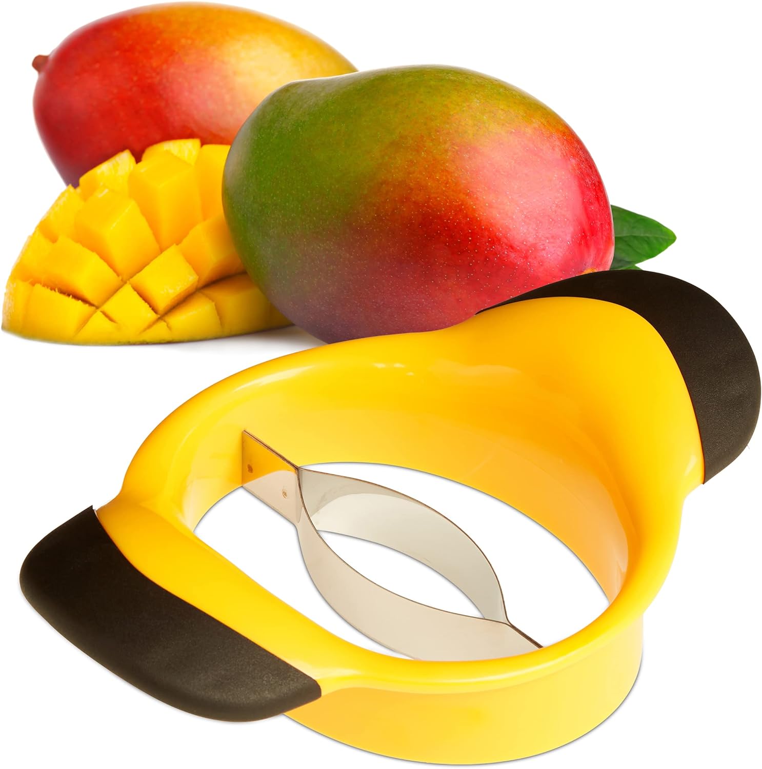 Mango Slicer with Stainless Steel Blade, Non-Slip Handle, Split and Core Mangoes, Black and Yellow
