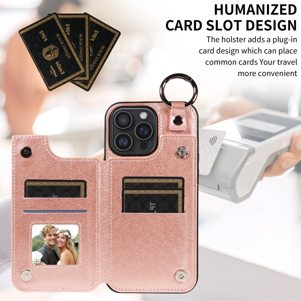 iPhone 16 Pro Max Case with Ring and Card Holder, PU Leather, Compatible with Apple, Rose Gold Pink, Skalo