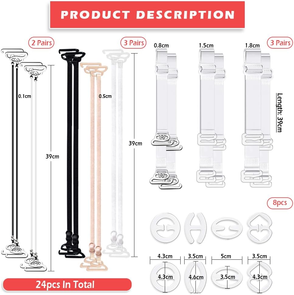 Transparent Bra Straps 24pcs Adjustable Non-slip Replacement Straps with Clips Compatible with Various Bras