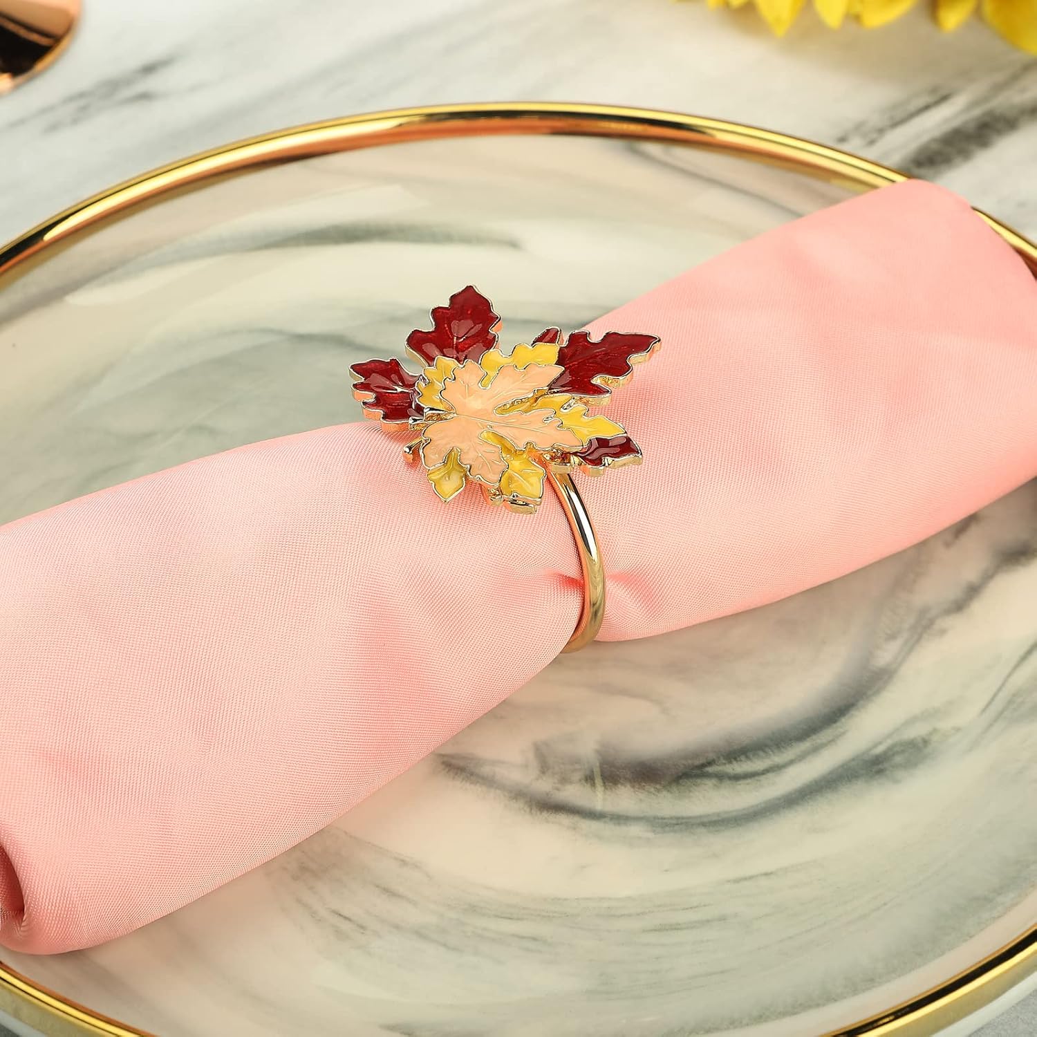 Fall Maple Leaf Napkin Rings Set of 4 Thanksgiving Maple Napkins Holder with Rhinestones Maple Leaves Serviette Buckle Holder for Fall Harvest Table Accessories Home Decor