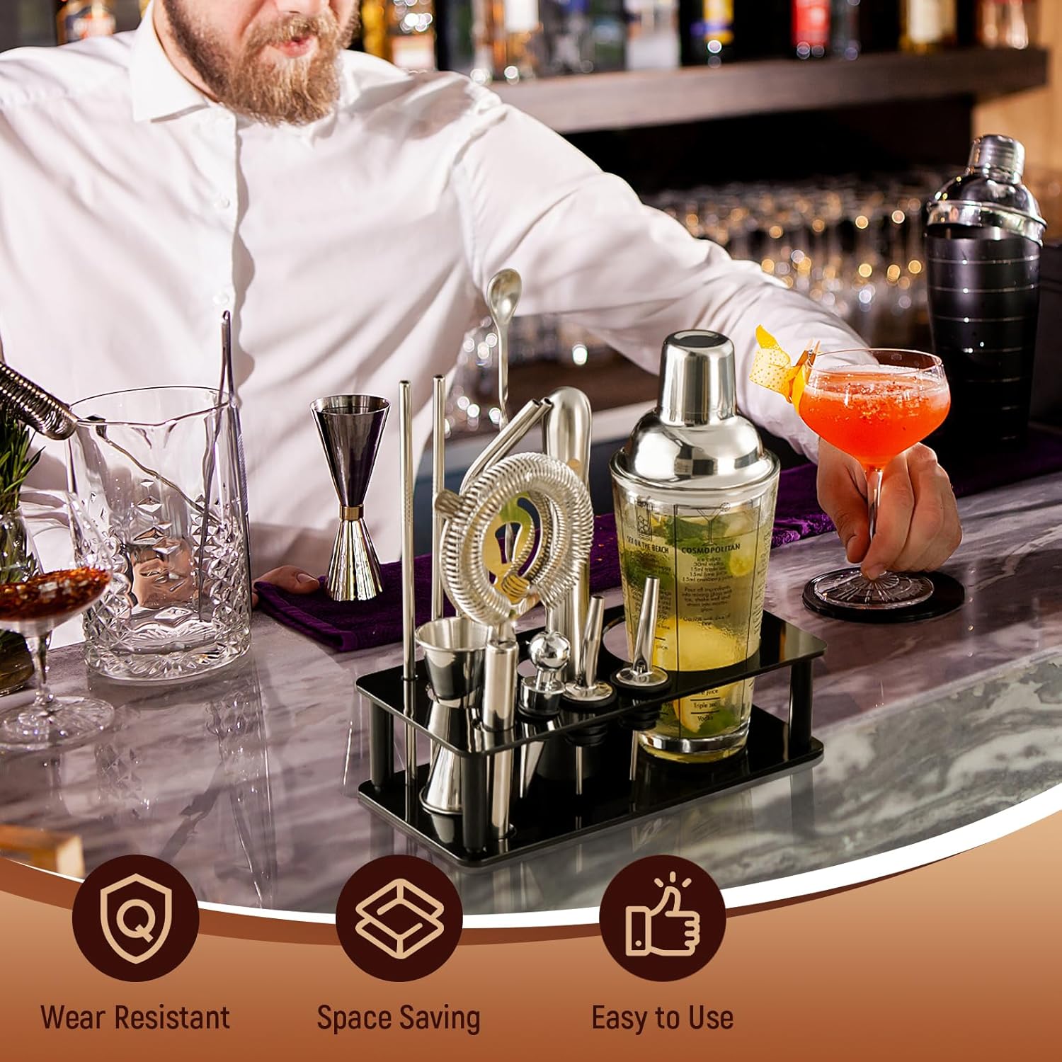 Professional Cocktail Shaker Stand, Bartender Kits Storage Stand, Bartending Tool Holder for Bar Cocktail, Black