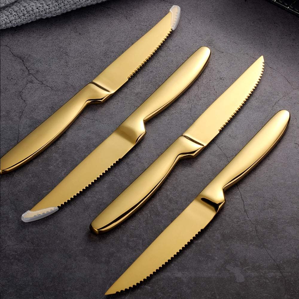 Stainless Steel Serrated Steak Knife Set of 6, BuyGo Gold Color Heavy Duty Dinner Table Knives for Cutting Meat, Beef, 8.6 Inch, Dishwasher Safe