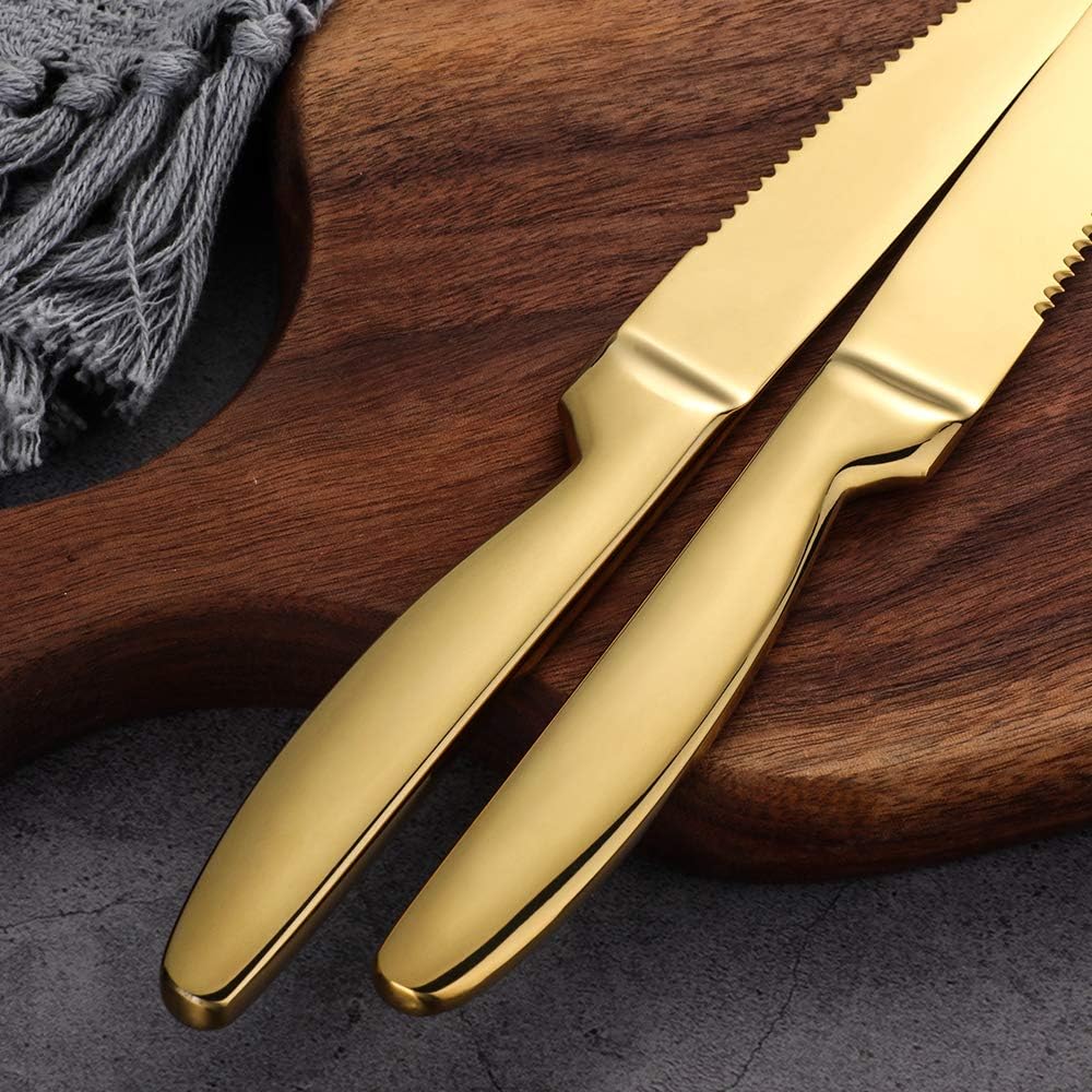 Stainless Steel Serrated Steak Knife Set of 6, BuyGo Gold Color Heavy Duty Dinner Table Knives for Cutting Meat, Beef, 8.6 Inch, Dishwasher Safe