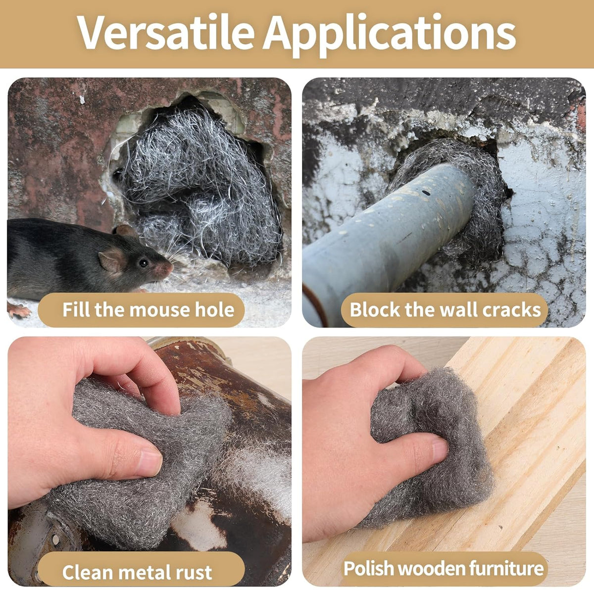 Steel Wool for Mice Control,4 Pack of 3.1" x13 Ft Steel Wool,Gap Filler for House & Garage,Keep Mice Away from Holes, Siding, Pipeline, Vents in Garden, House, Hardware DIY Kit（ #1 Coarse）