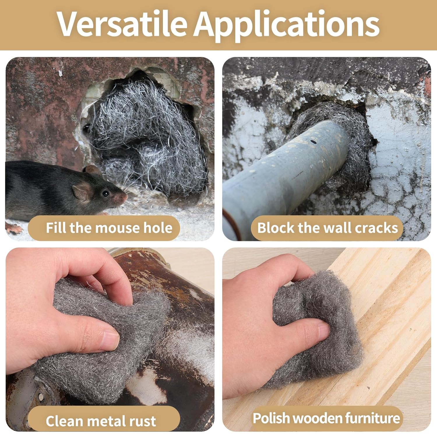 Steel Wool for Mice Control,4 Pack of 3.1" x13 Ft Steel Wool,Gap Filler for House & Garage,Keep Mice Away from Holes, Siding, Pipeline, Vents in Garden, House, Hardware DIY Kit（ #1 Coarse）