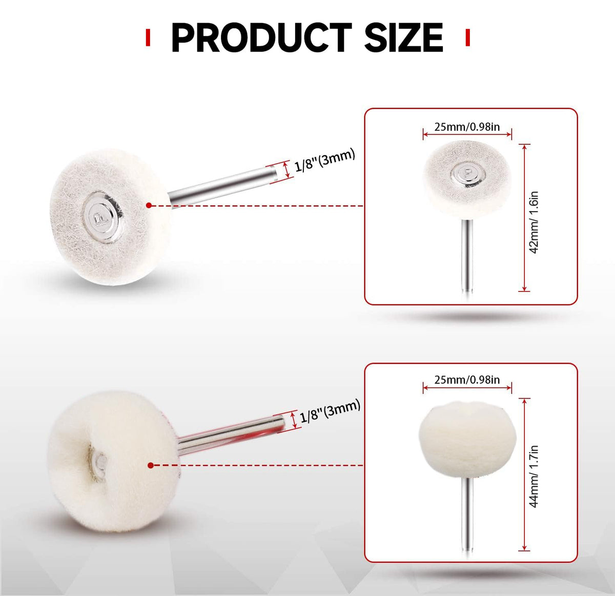 50 PCS 1 Inch Wool Felt Polishing Accessory Kits, 25 Each Spherical/Flat Buffing Wheels for Proxxon Dremel Rotary Tool - 1/8" Shank, Ideal for Wood Metal Jewelry and Glass Polishing