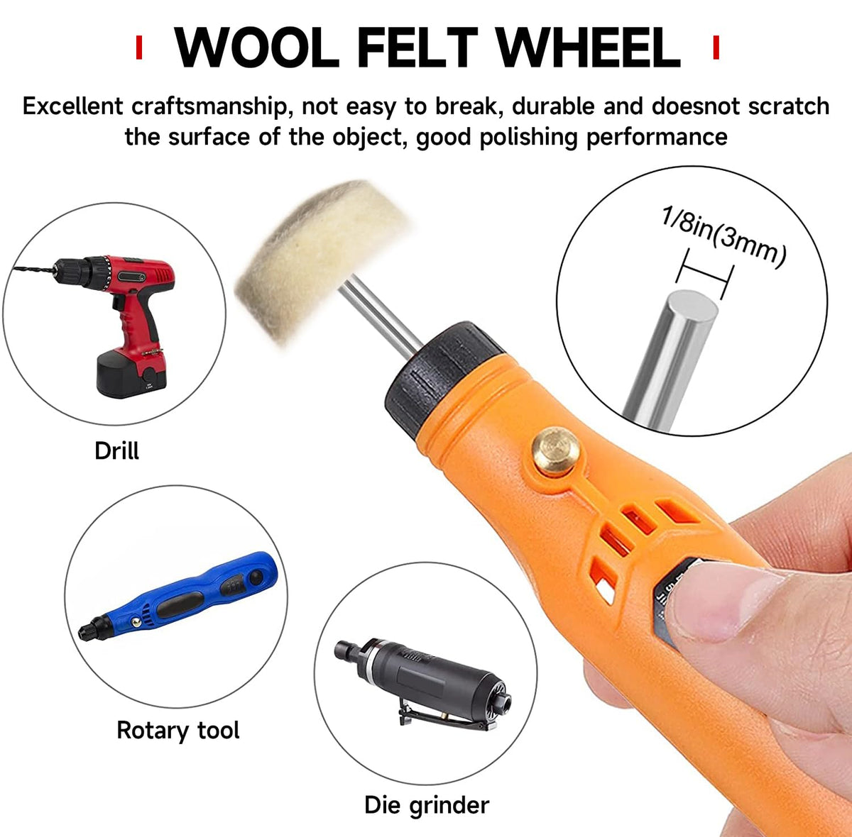 50 PCS 1 Inch Wool Felt Polishing Accessory Kits, 25 Each Spherical/Flat Buffing Wheels for Proxxon Dremel Rotary Tool - 1/8" Shank, Ideal for Wood Metal Jewelry and Glass Polishing