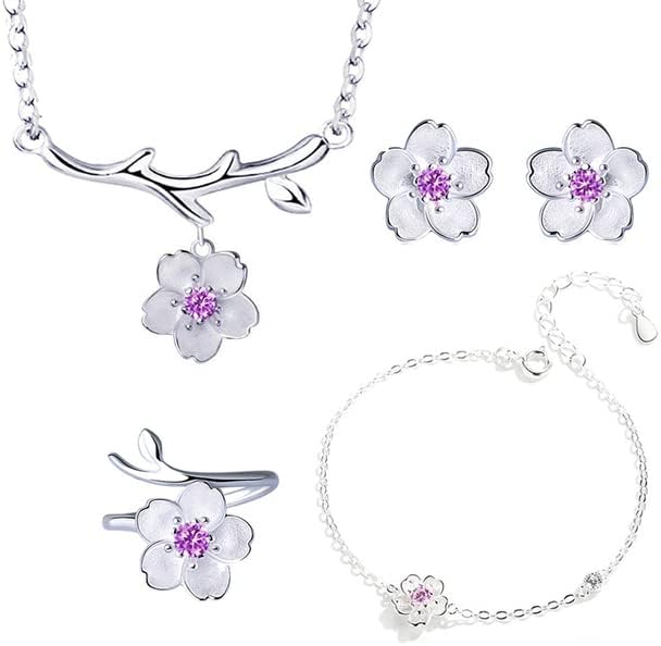 925 Sterling Silver Jewelry Sets Romantic Cherry Blossoms Flower Necklace+Earrings+Ring+Bracelet For Women Gift