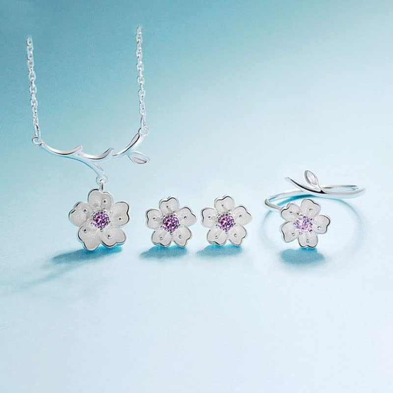 925 Sterling Silver Jewelry Sets Romantic Cherry Blossoms Flower Necklace+Earrings+Ring+Bracelet For Women Gift