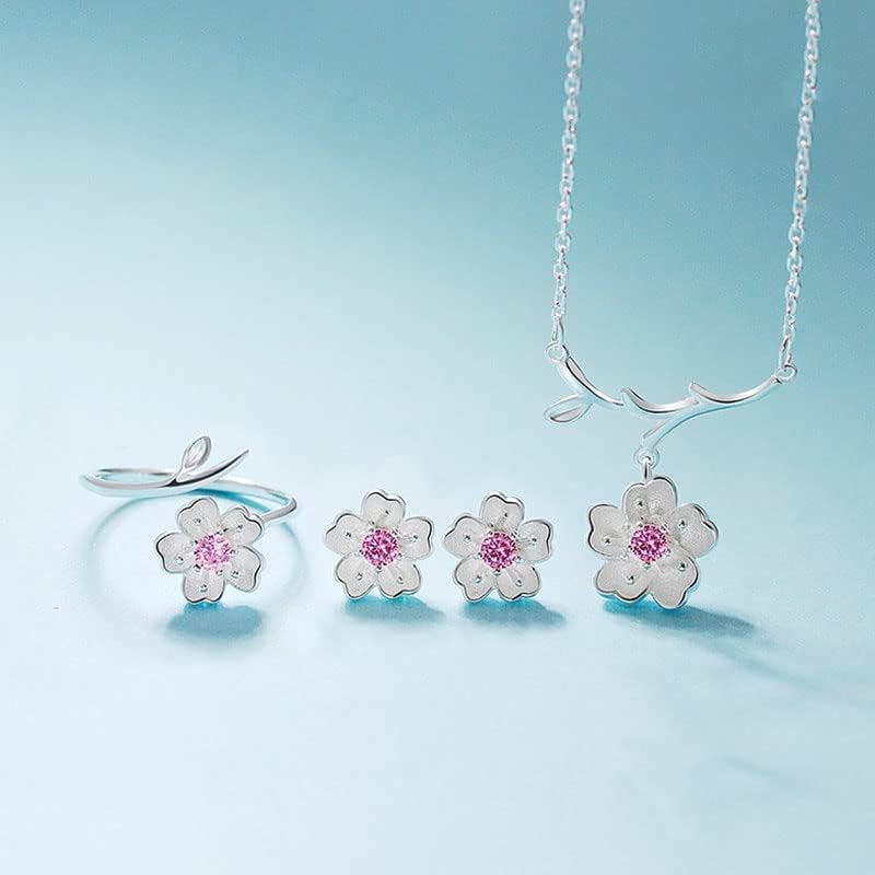 925 Sterling Silver Jewelry Sets Romantic Cherry Blossoms Flower Necklace+Earrings+Ring+Bracelet For Women Gift
