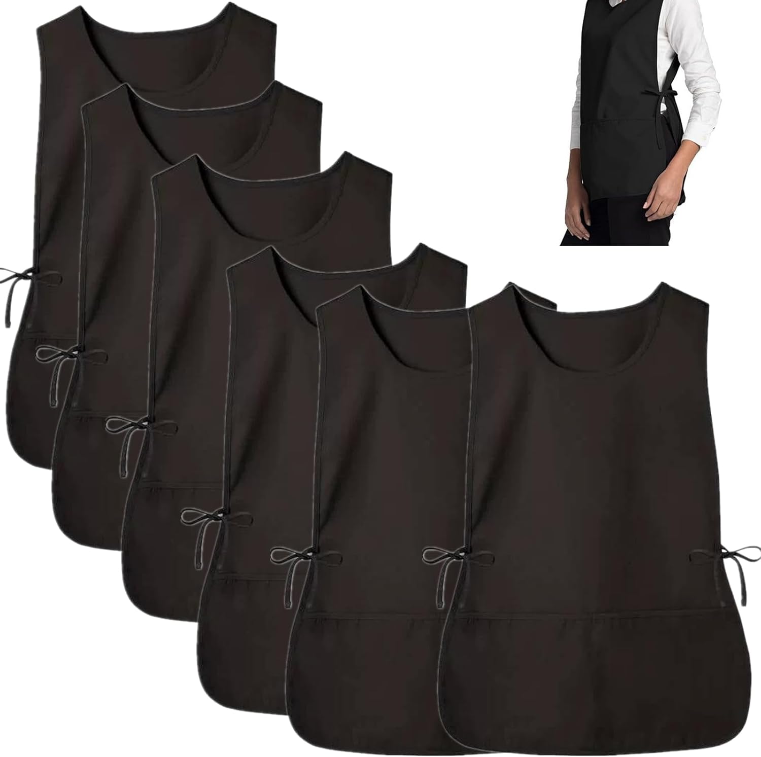 6 Pack Cobbler Apron for Women Men, Universal Adult Smock Aprons with 2 Pockets, Black Waterproof Cleaning Apron for Painting, Work, Hairstylist, Housekeeping, Kitchen, Unisex