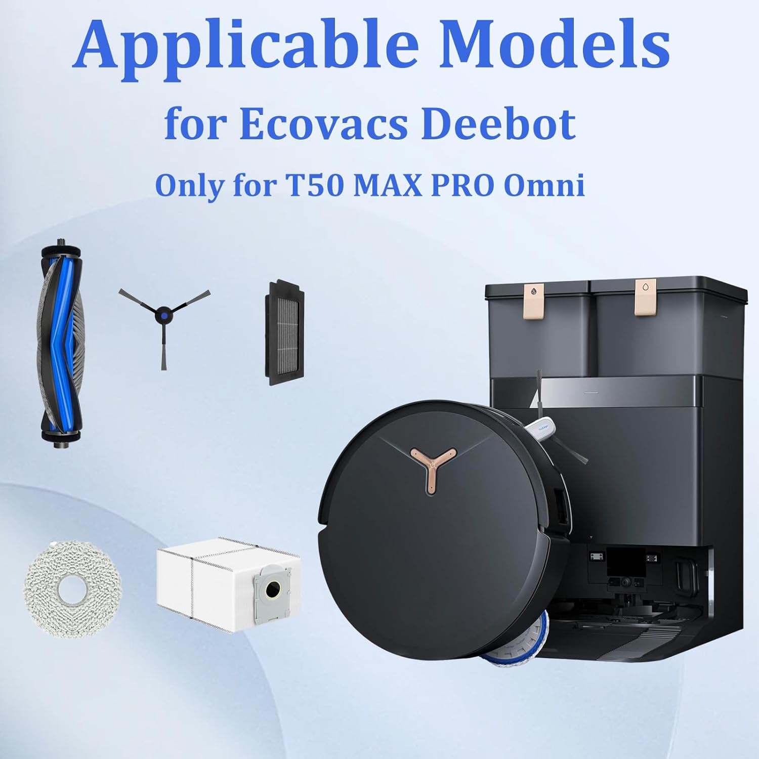 20 Pack Replacement Kits for Ecovacs Deebot T50 Max Pro Omni Vacuum Cleaner, Accessories Parts 1 Main Roller Brush, 4 Mopping Pad, 4 HEPA Filters, 4 Dust Bag, 6 Side Brushes 1 Cleaning Brush