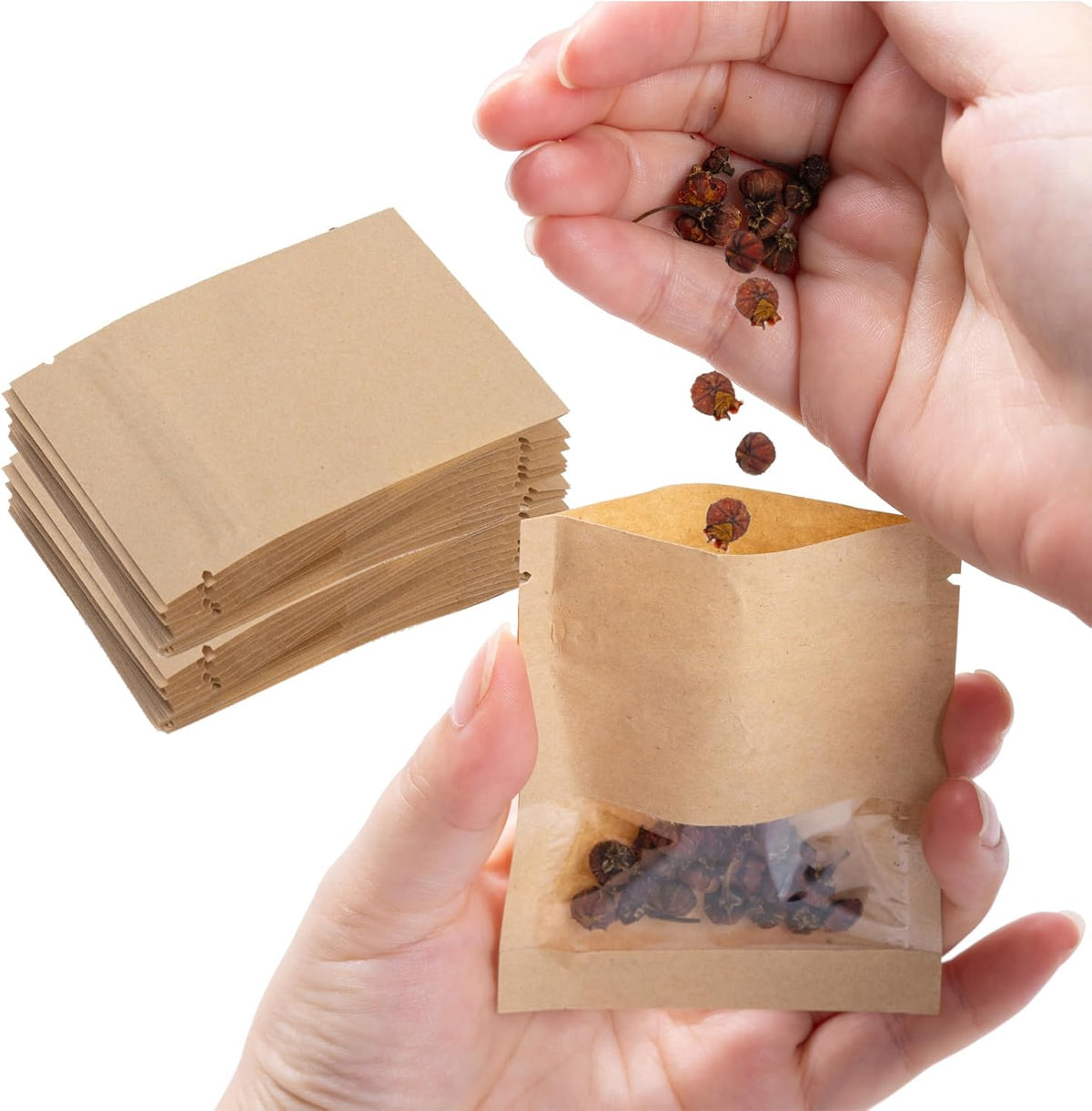 100Pcs 7×9cm Sealable Kraft Paper Bag with Transparent Window, 2.7×3.5'' Seed Coin Envelope Bags for Flower Vegetable Food Seeds Storage, Coffee Bags, Business Sample Bag