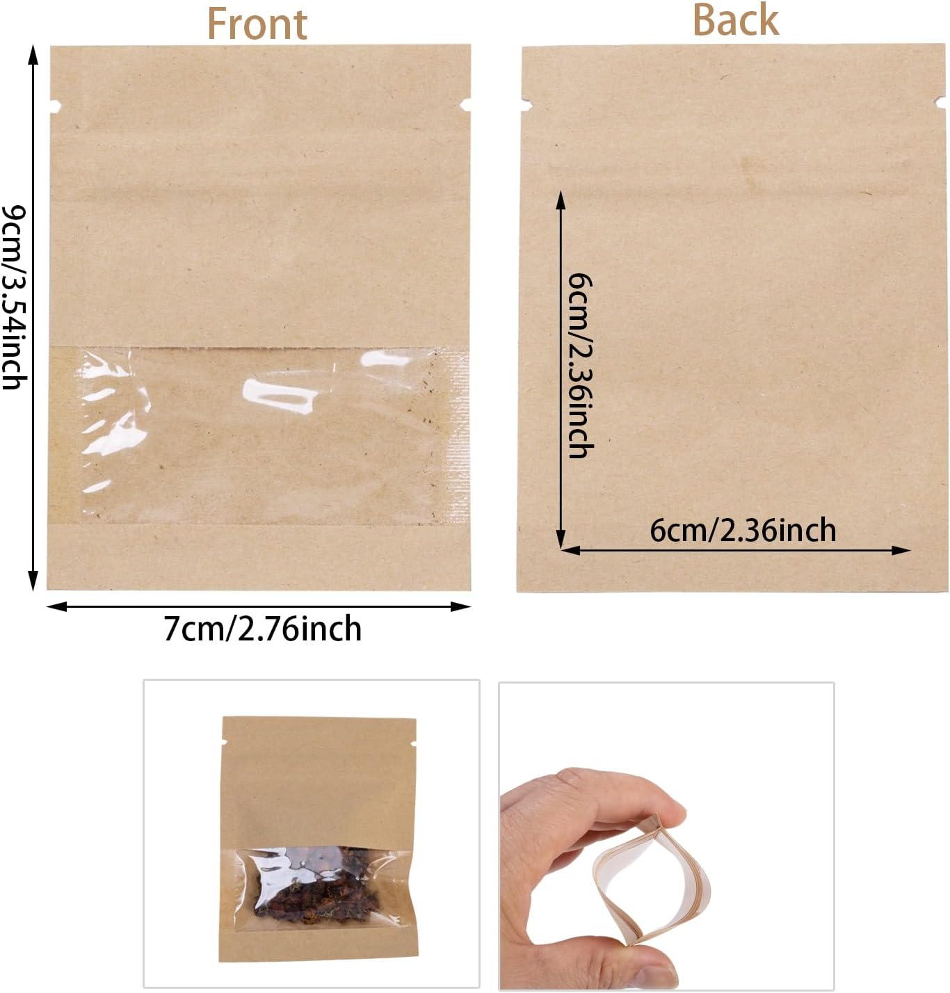 100Pcs 7×9cm Sealable Kraft Paper Bag with Transparent Window, 2.7×3.5'' Seed Coin Envelope Bags for Flower Vegetable Food Seeds Storage, Coffee Bags, Business Sample Bag
