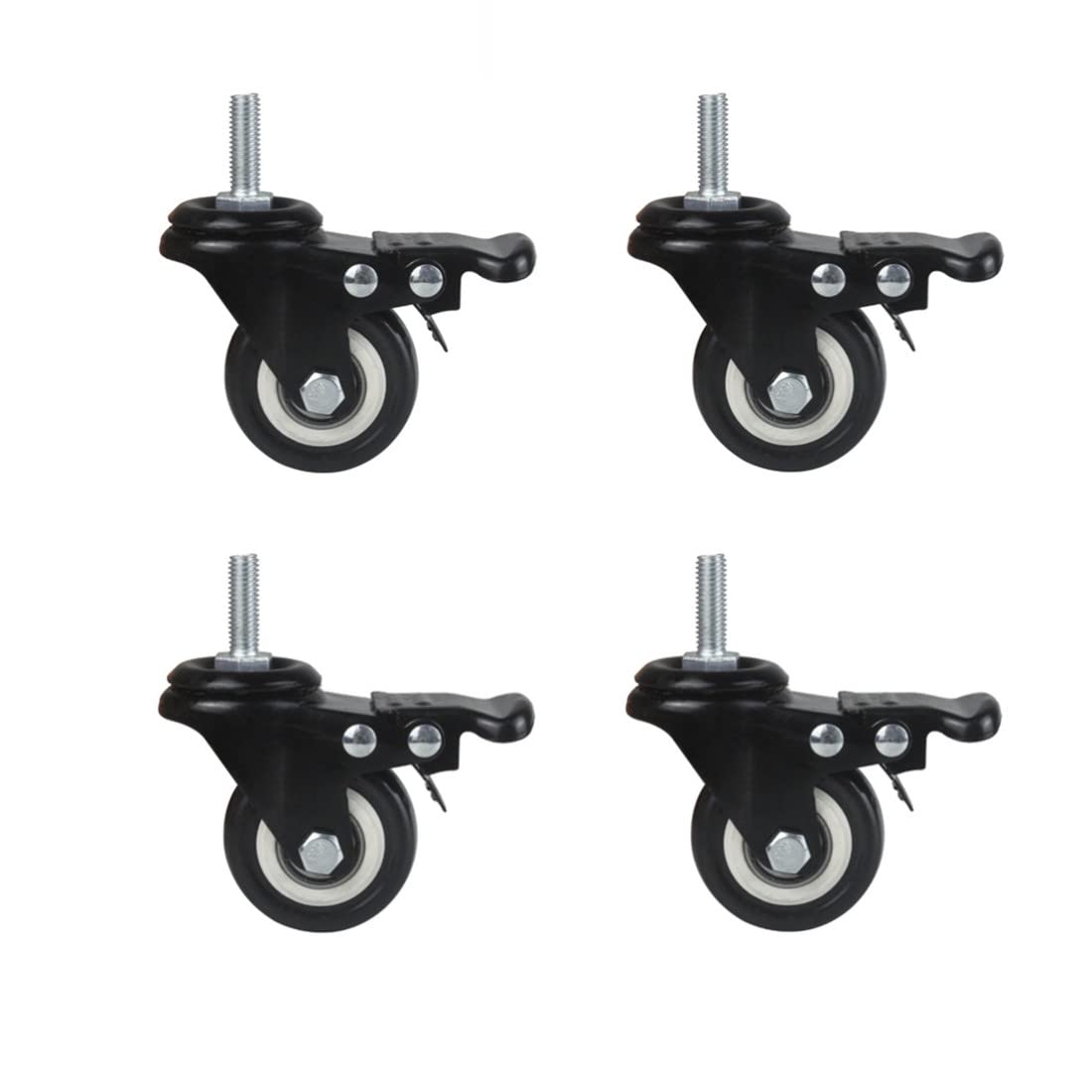 4Pcs 1.5 Inch Heavy Duty Caster Wheels Swivel Casters with Brake and M8 Threaded Stem, Loading 50kg/110lbs Black Rubber