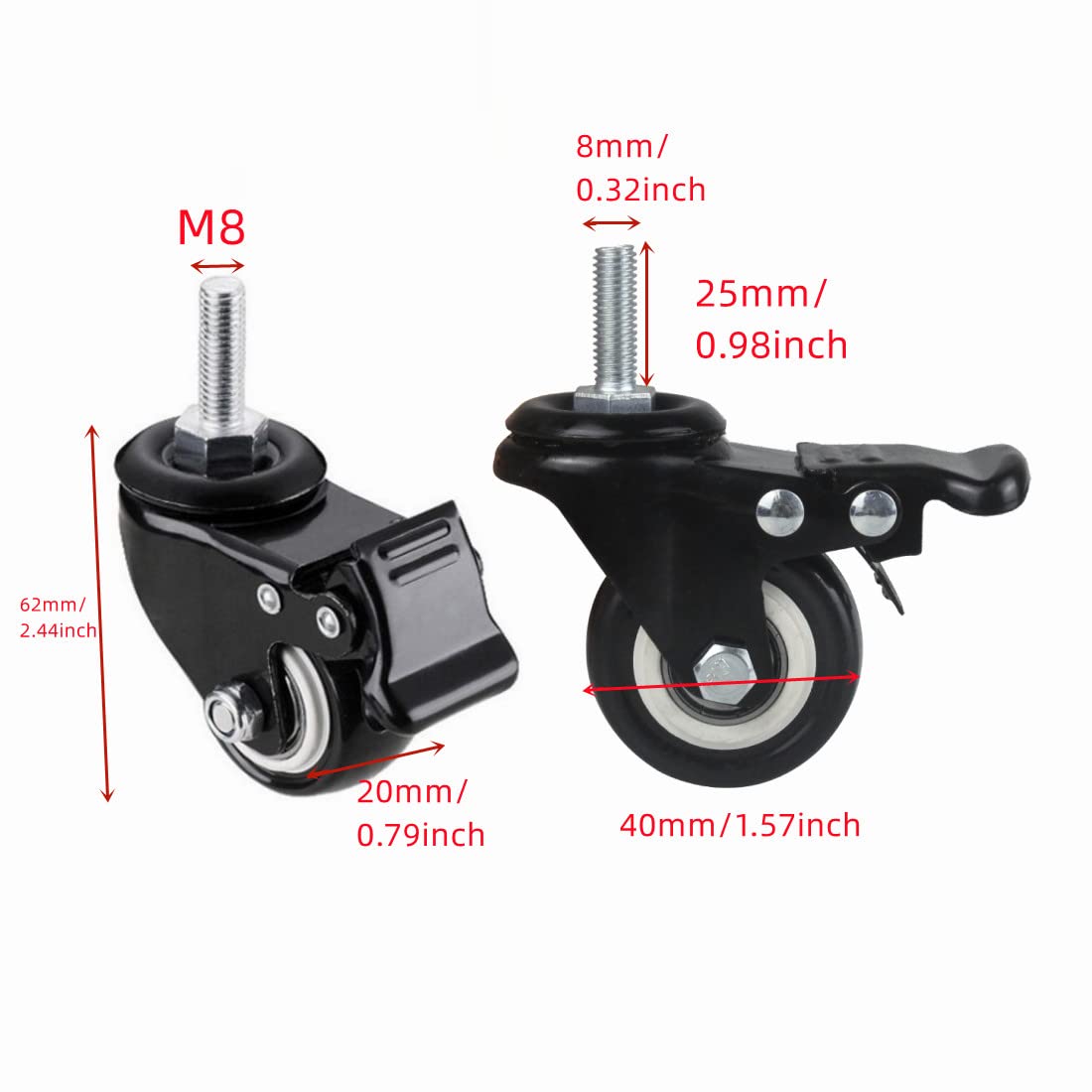 4Pcs 1.5 Inch Heavy Duty Caster Wheels Swivel Casters with Brake and M8 Threaded Stem, Loading 50kg/110lbs Black Rubber