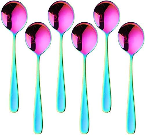 7-Inch Soup Spoons,  6 Pieces Bouillon Spoon,18/10 Stainless Steel Finished Table Dinner Spoons Set of 6 (Rainbow)