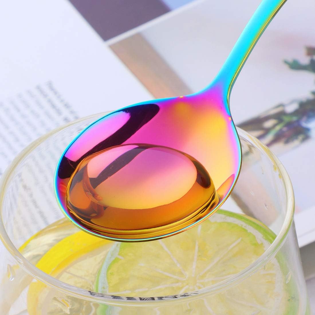 7-Inch Soup Spoons,  6 Pieces Bouillon Spoon,18/10 Stainless Steel Finished Table Dinner Spoons Set of 6 (Rainbow)