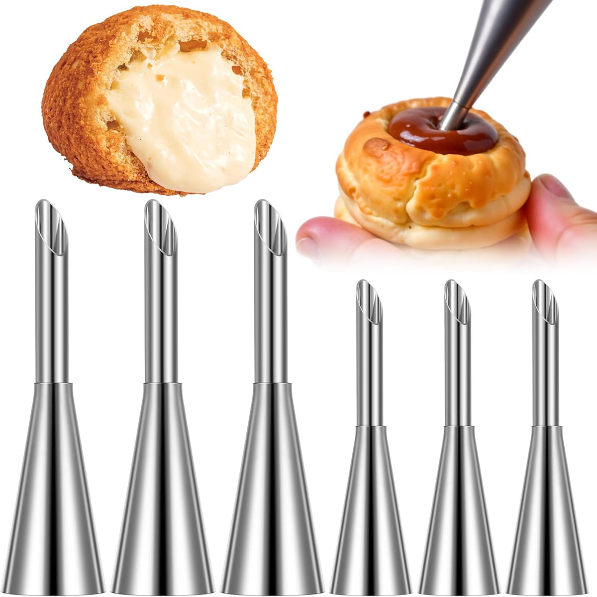 6 Pcs Cream Icing Piping Nozzle Tip, Stainless Steel Long Cream Puff Nozzle, Cupcake Filler Tool, Piping Tips for Filling Donuts Birthday Cake and Other Pastries