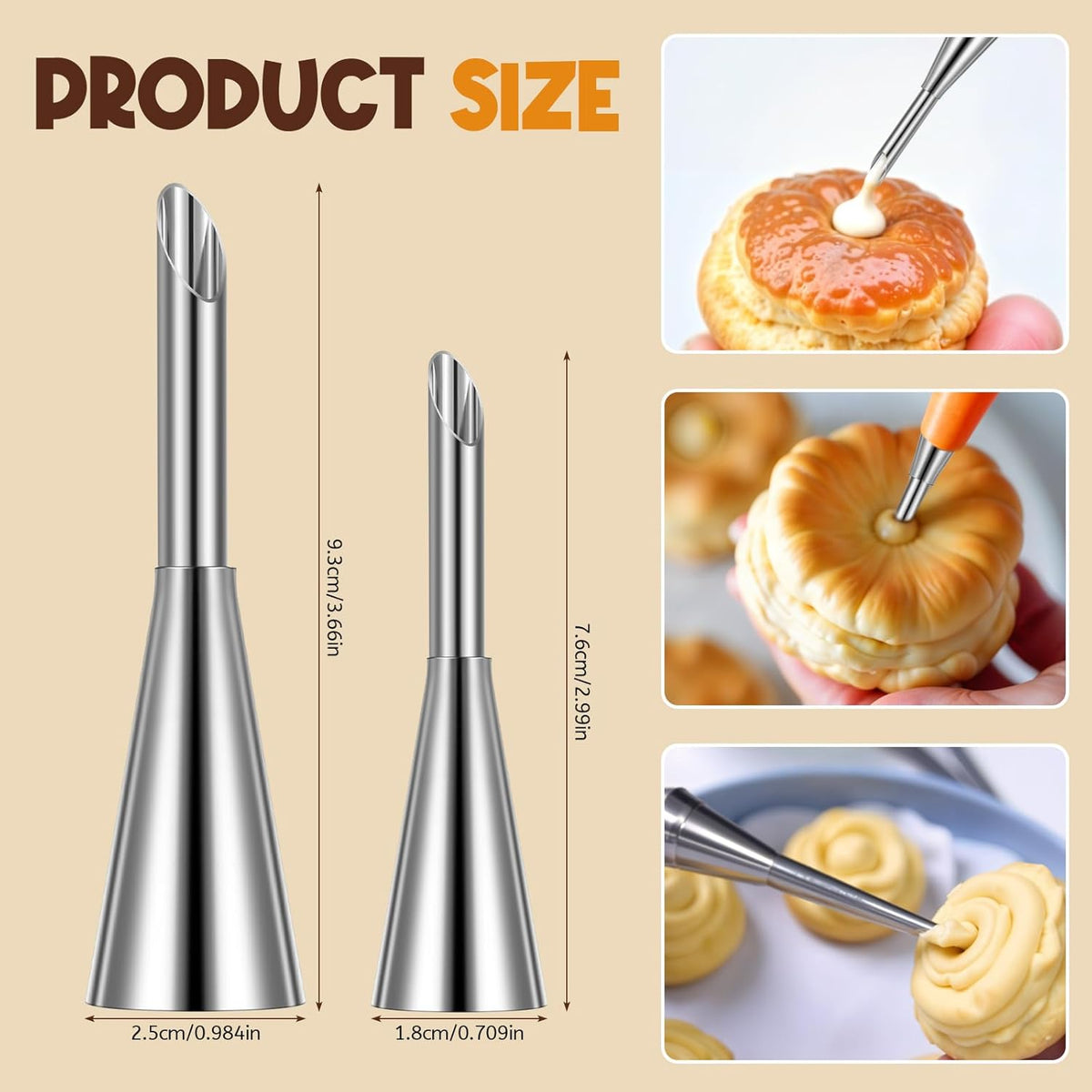 6 Pcs Cream Icing Piping Nozzle Tip, Stainless Steel Long Cream Puff Nozzle, Cupcake Filler Tool, Piping Tips for Filling Donuts Birthday Cake and Other Pastries