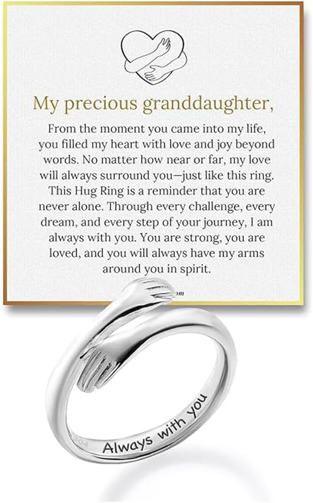 Hug Ring For Granddaughter, Silver Ring For Women With “Always With You” Adjustable And Non Tarnish Minimalist Birthday Jewelry Gift