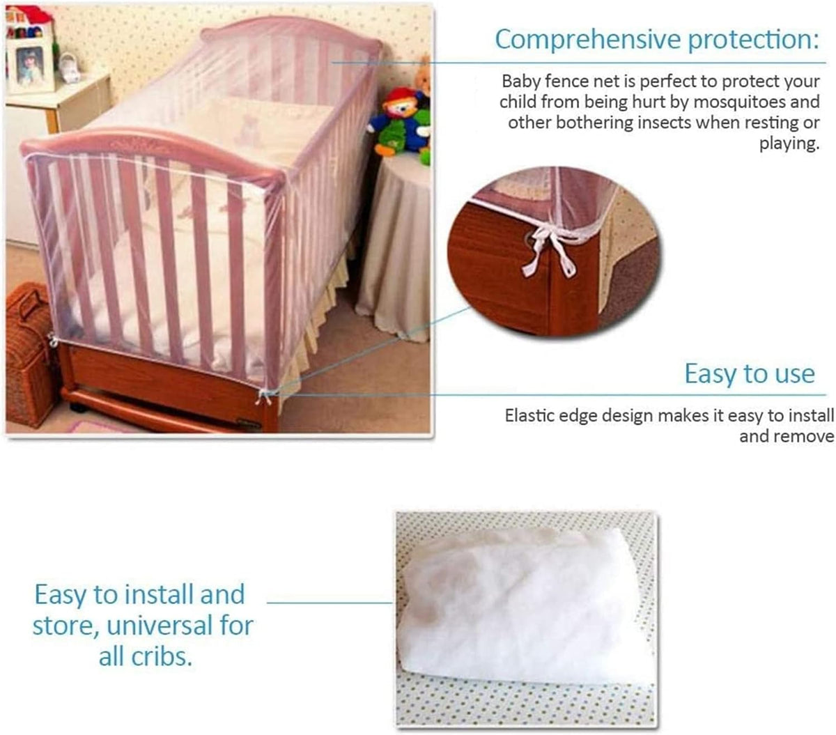 Crib Mosquito Net, Universal Size Mesh Crib Netting Mosquito Nets for Children Ultra-Dense Net for Avoiding Kid from Insect Biting Bed Netting Cover Adjustable Crib Safety Tent Mosquito Cover