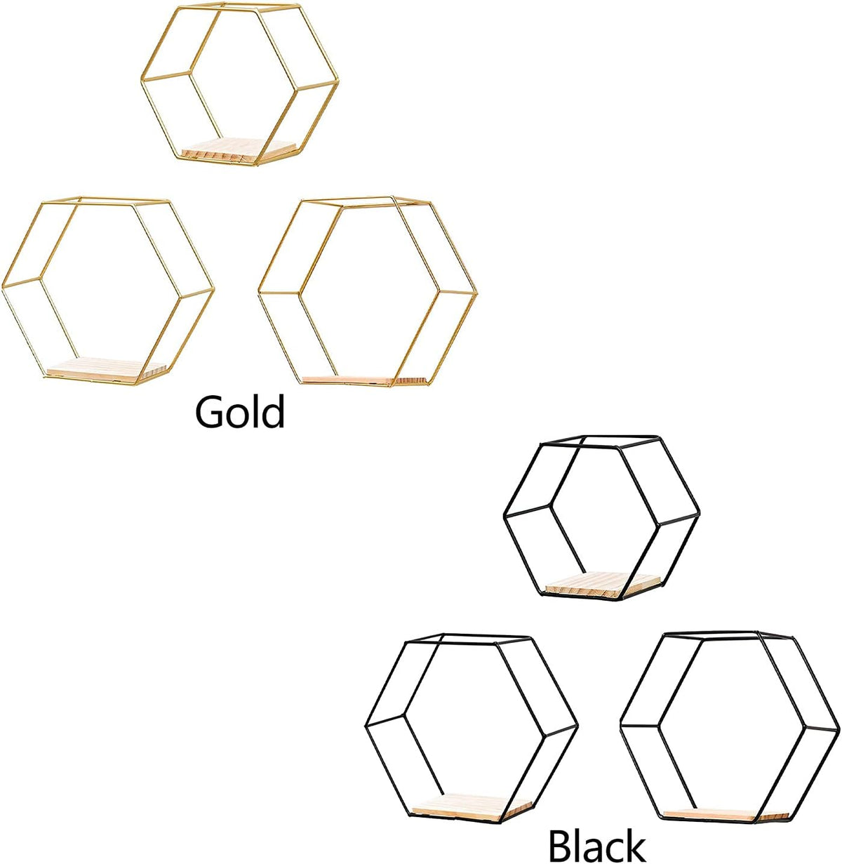 3 Pcs Gold Hexagon Wall Shelves, Floating Decorative Wire Wall Mounted Shelf, Multi-use Geometric Floating Shelves Metal Shelving for Bedroom Living Room Kitchen Office, 6.7in 9.4in 11in