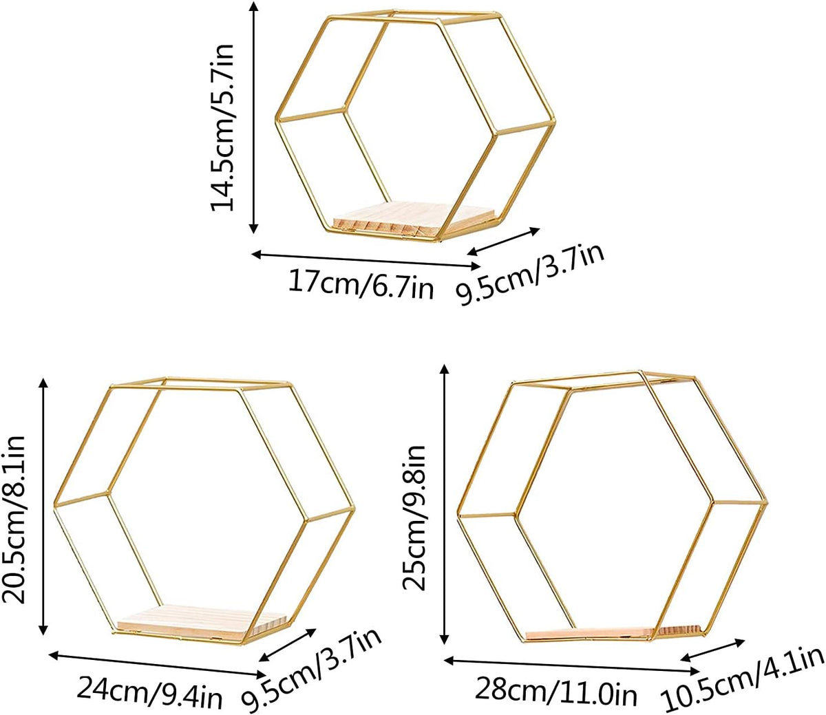 3 Pcs Gold Hexagon Wall Shelves, Floating Decorative Wire Wall Mounted Shelf, Multi-use Geometric Floating Shelves Metal Shelving for Bedroom Living Room Kitchen Office, 6.7in 9.4in 11in