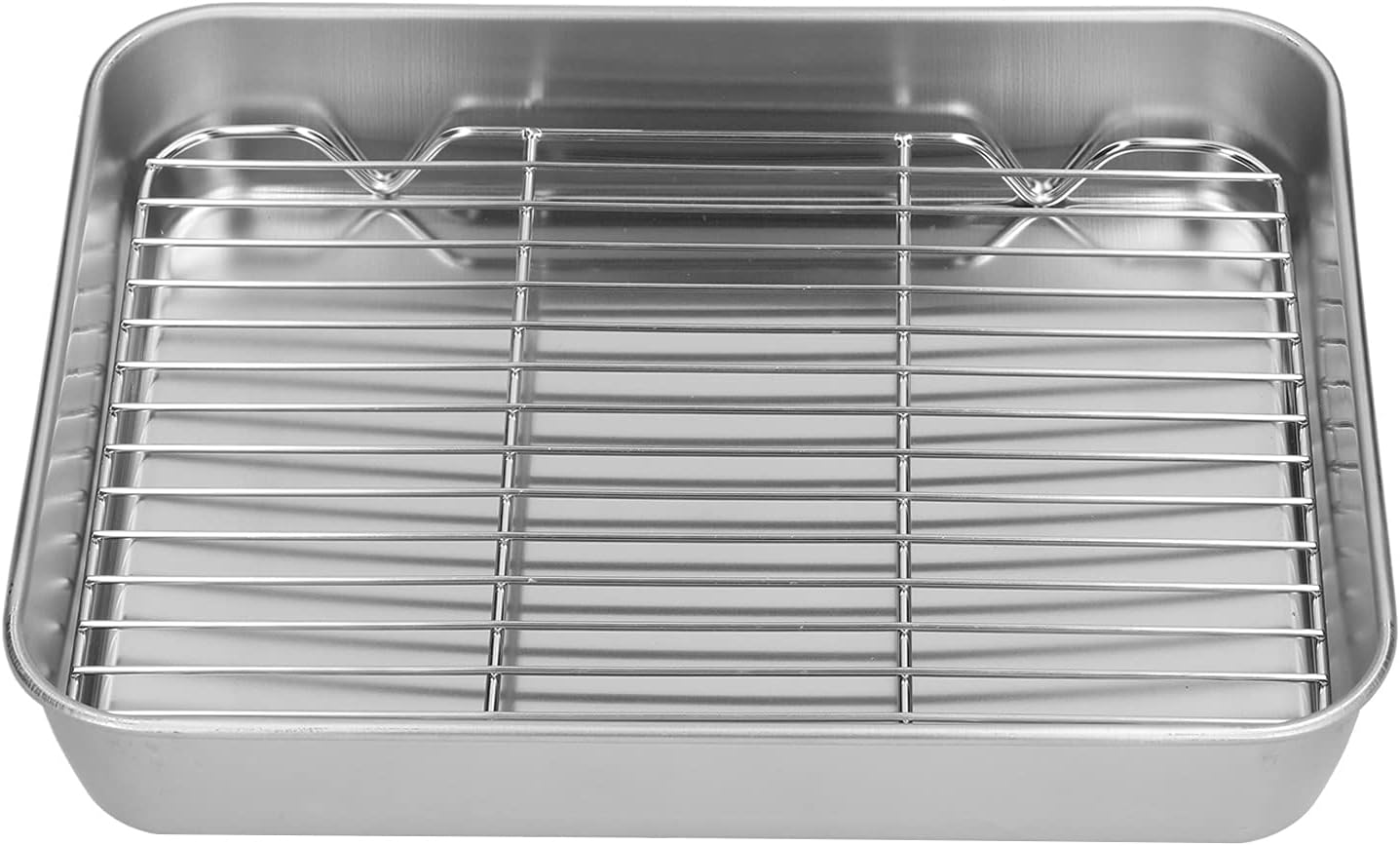 Broiler Pan for Oven, Rectangular Tray Deepened Kitchen Bakeware Rack Roaster Refrigerated Crisper Chassis Grid Roasting Pans Cookie Nonstick Cake Pastry with Grill Set (10.43x8.07x1.96 Inch)