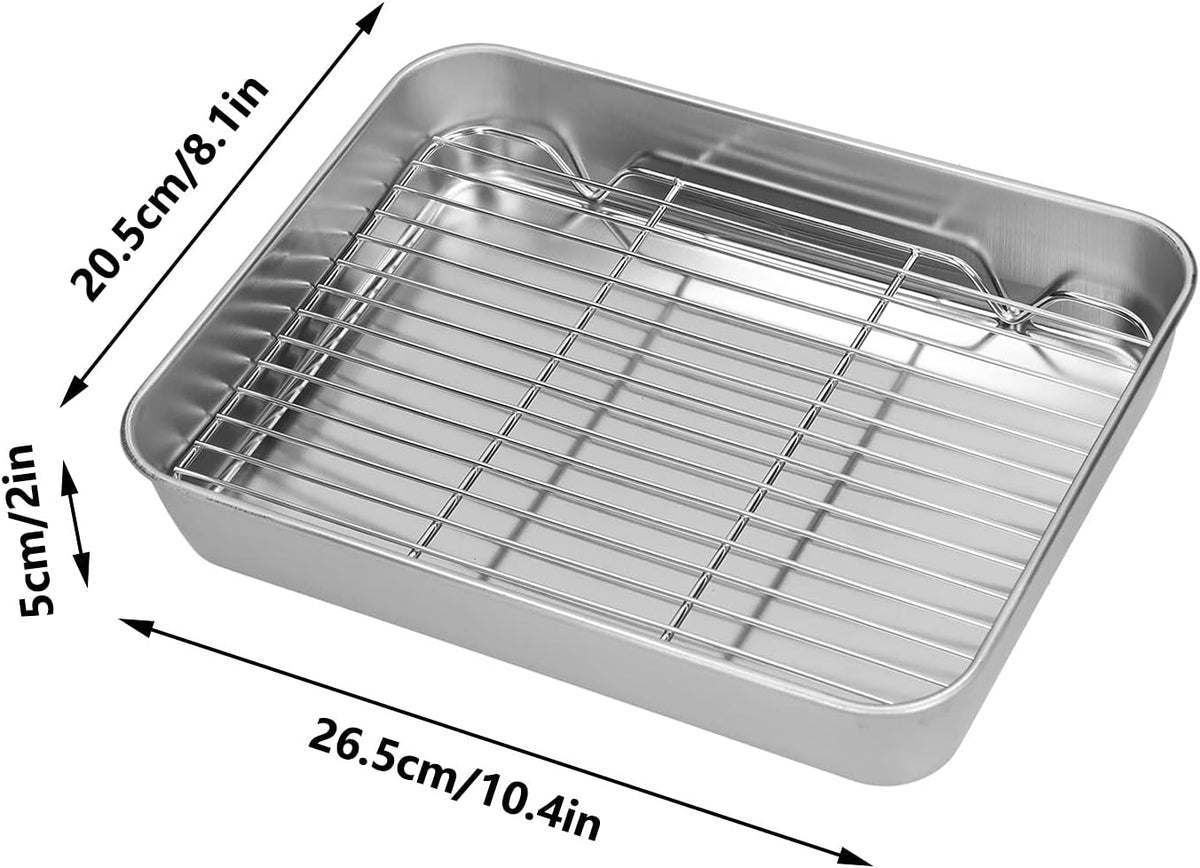 Broiler Pan for Oven, Rectangular Tray Deepened Kitchen Bakeware Rack Roaster Refrigerated Crisper Chassis Grid Roasting Pans Cookie Nonstick Cake Pastry with Grill Set (10.43x8.07x1.96 Inch)