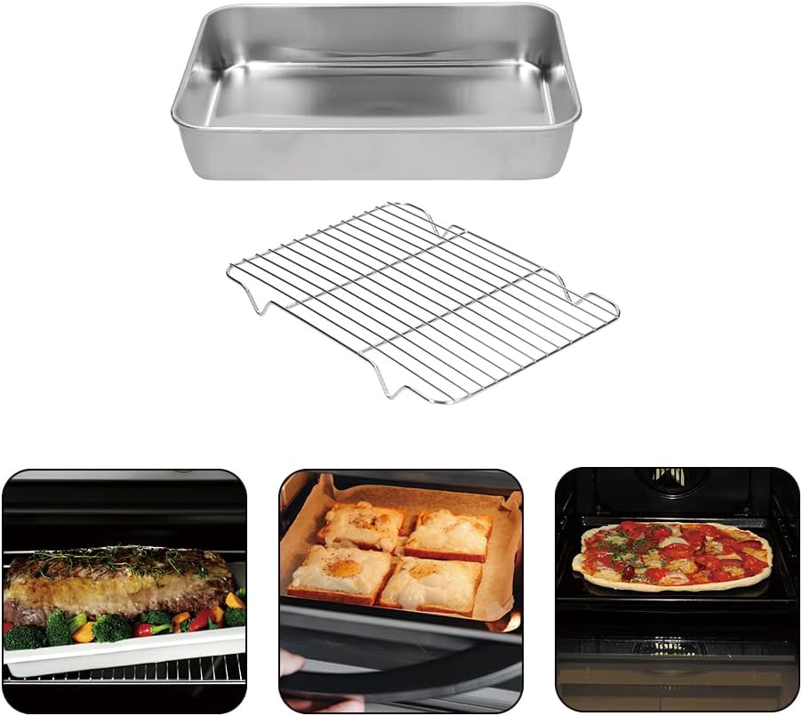 Broiler Pan for Oven, Rectangular Tray Deepened Kitchen Bakeware Rack Roaster Refrigerated Crisper Chassis Grid Roasting Pans Cookie Nonstick Cake Pastry with Grill Set (10.43x8.07x1.96 Inch)