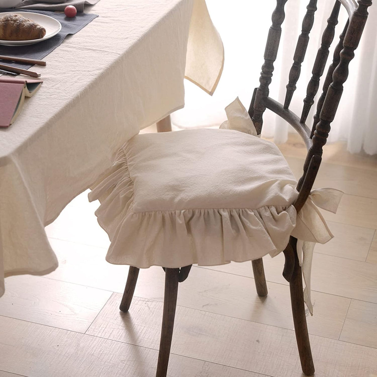 Ruffled Chair Cushions with Ties Elegant Vintage Cotton Chair Pads Soft Cotton Filled Seat Cushion for Farmhouse Home Kitchen Dining,Flesh,37 * 37cm