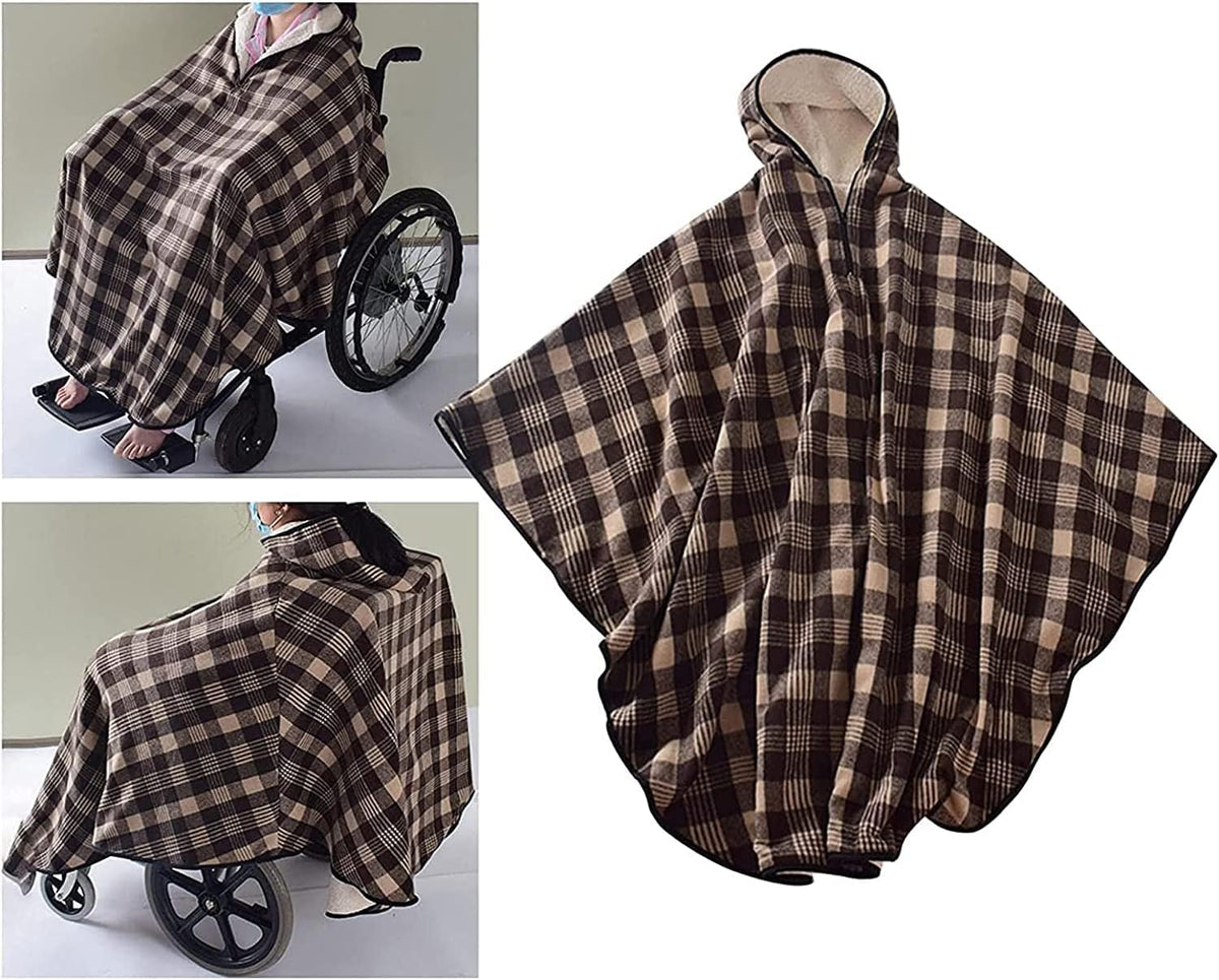 Wheelchair Blanket Adult Fleece-Lined Cape with Hood, Winter Poncho Coat for Women and Men, Warm Blanket