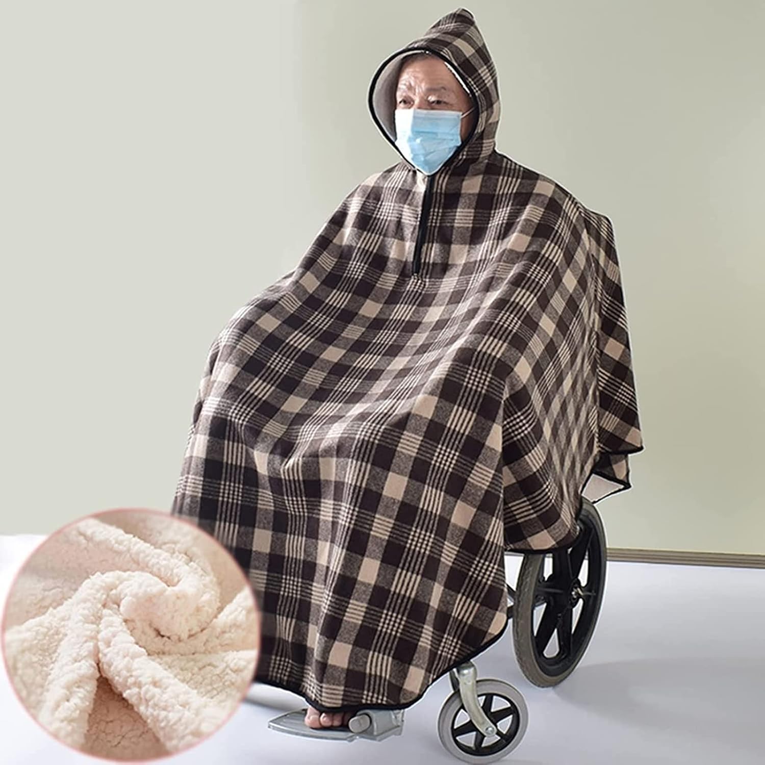 Wheelchair Blanket Adult Fleece-Lined Cape with Hood, Winter Poncho Coat for Women and Men, Warm Blanket