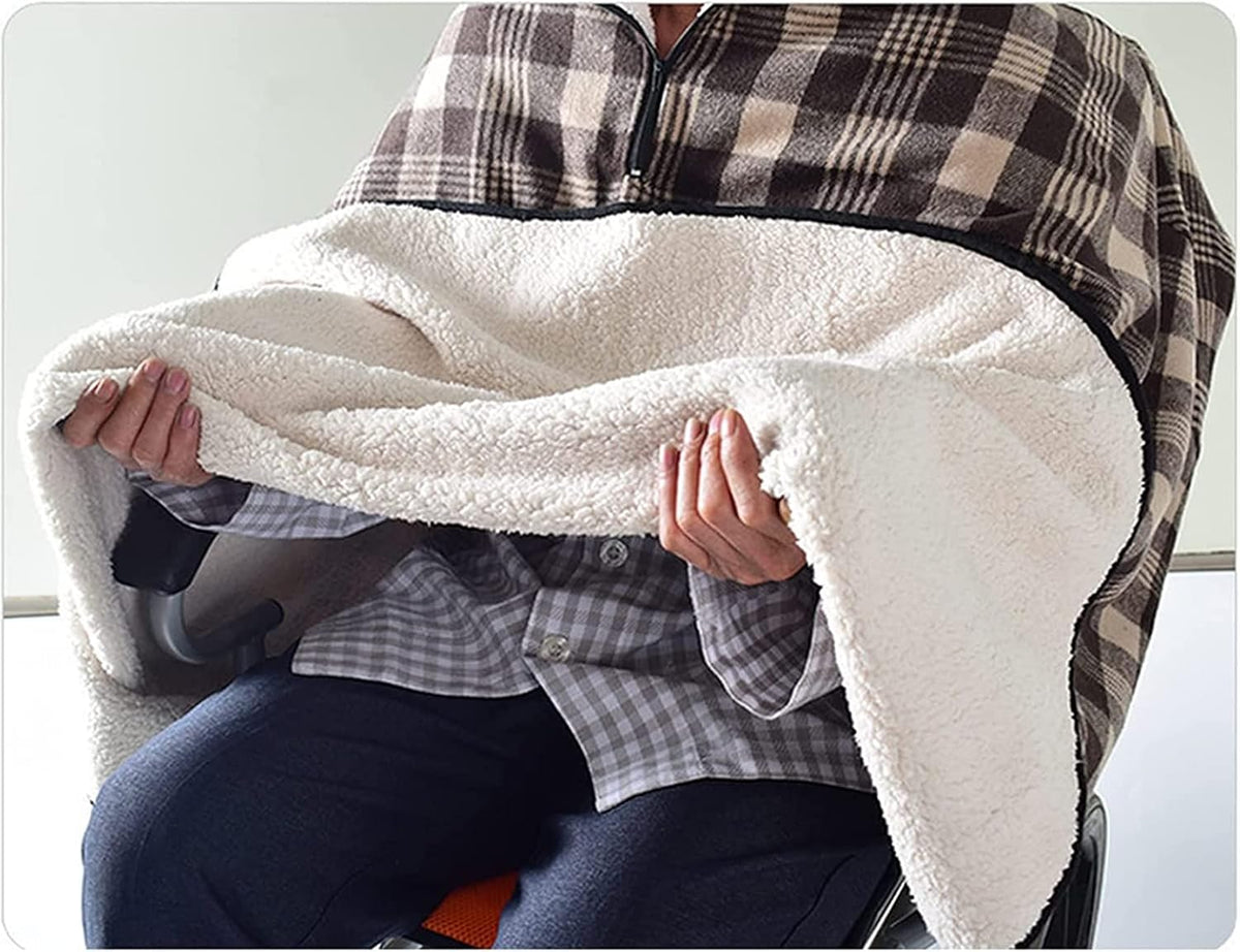 Wheelchair Blanket Adult Fleece-Lined Cape with Hood, Winter Poncho Coat for Women and Men, Warm Blanket
