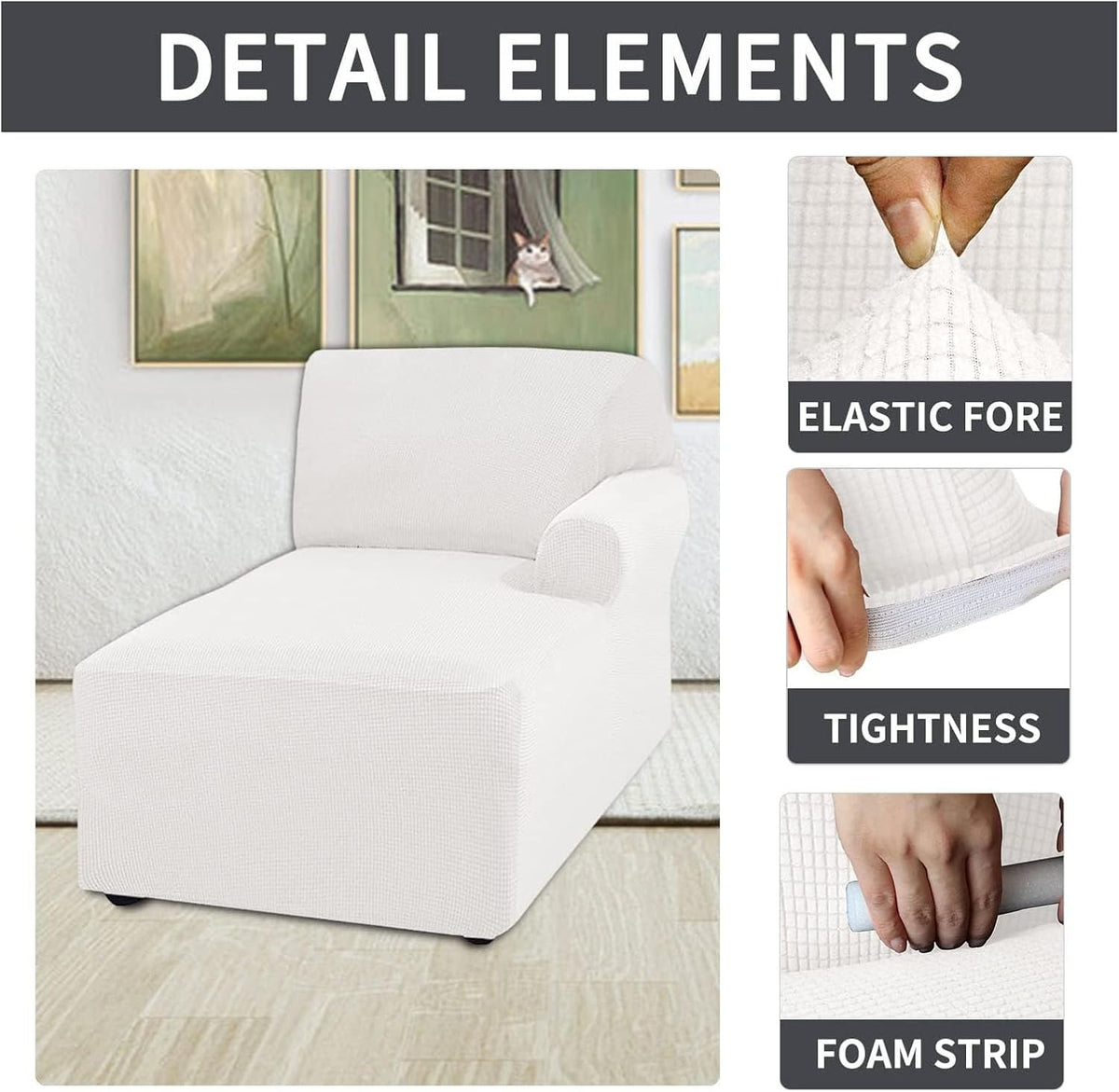 L Shape Sofa Chaise Lounge Cover, Thick Stretch Protector for Living Room Couch Cover Machine Washable (White, Right)