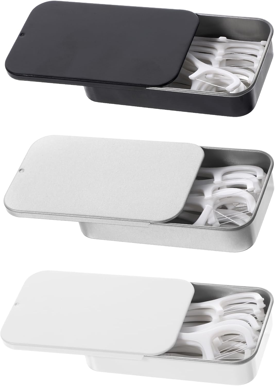 3 Pack Travel Floss Picks Case, Dental Floss Picks Travel Case Metal Storage Box for Flosser Pill Oral Care (Black, White, Silver)