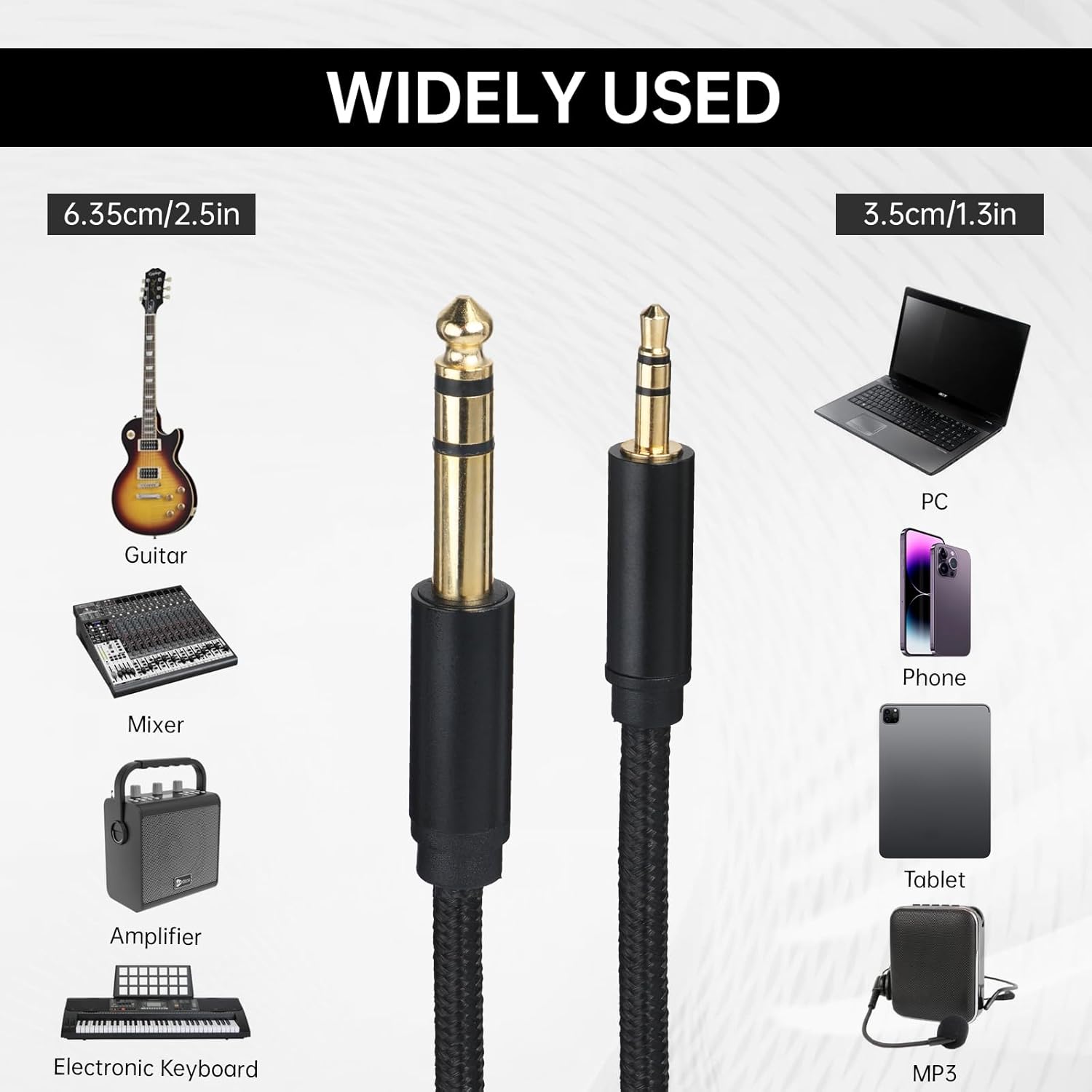 2 Pack 1/8 to 1/4 Stereo Audio Cable, 3.5mm TRS to 6.35mm Audio Cable 4Ft Stereo Cable Braided Hi-Fi Sound Bidirectional Stereo Audio Adapter Jack for Home Theater Devices Guitar Laptop and Amplifiers